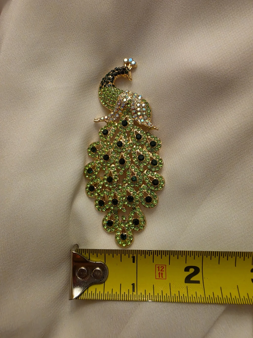 Vintage Style Art Deco Green Peacock Brooch Pin Gold Tone Rhinestone Bird